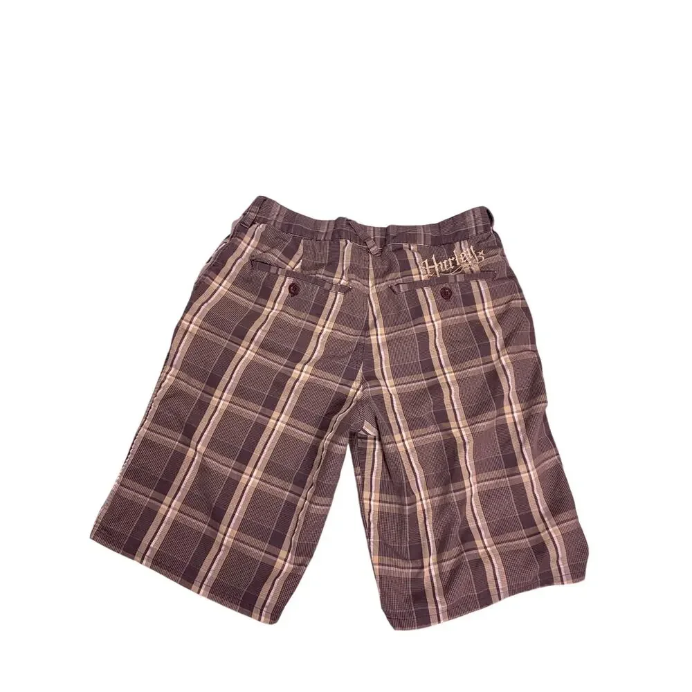 Hurley Plaid Skate Shorts Mens 29W Brown Embroidered Y2K Skater Streetwear